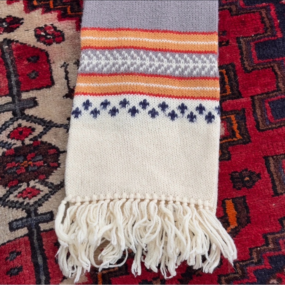 Vintage Zwicker Knits Acrylic Scarf Fair Isle Fringe Gray Cream Multicolor 58x7